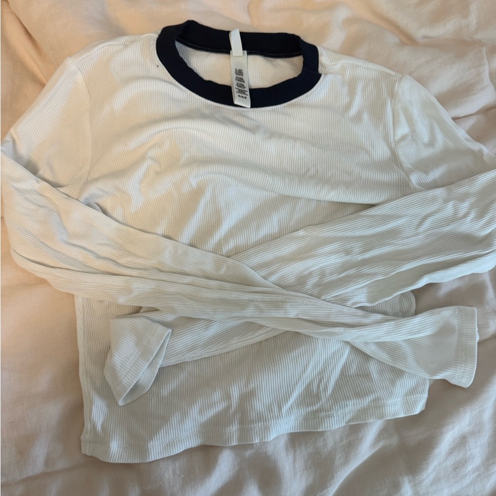 White Long Sleeve Ribbed Top with Navy Collar skims